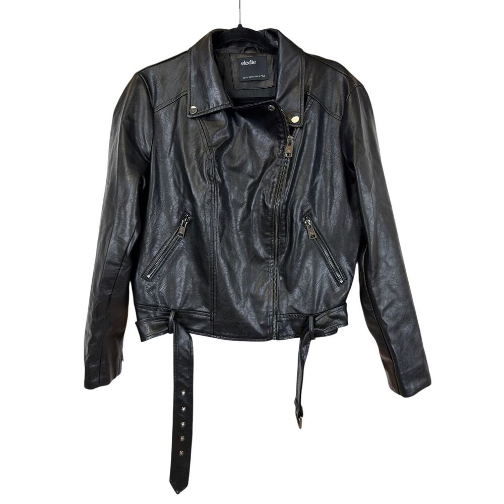Elodie Black Asymmetrical Belted Moto Faux Leather Jacket XL